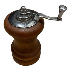 Vintage Small Wooden Pepper Mill with Silver Accents MCM